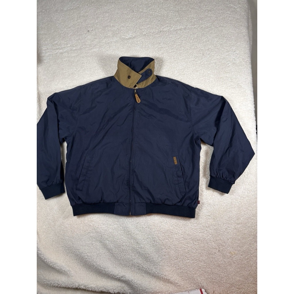 Mens Navy Blue Harrington Style Jacket Tan Collar Zip‎ Front Pockets Size XL